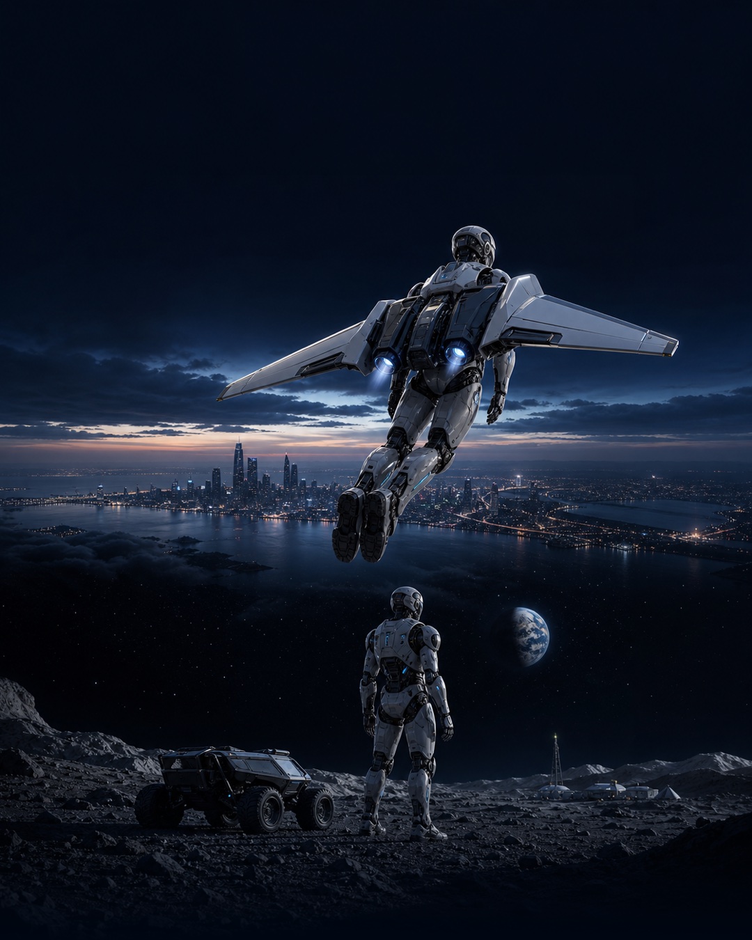 Future concept of mission-specific humanoid forms in aerial and lunar environments