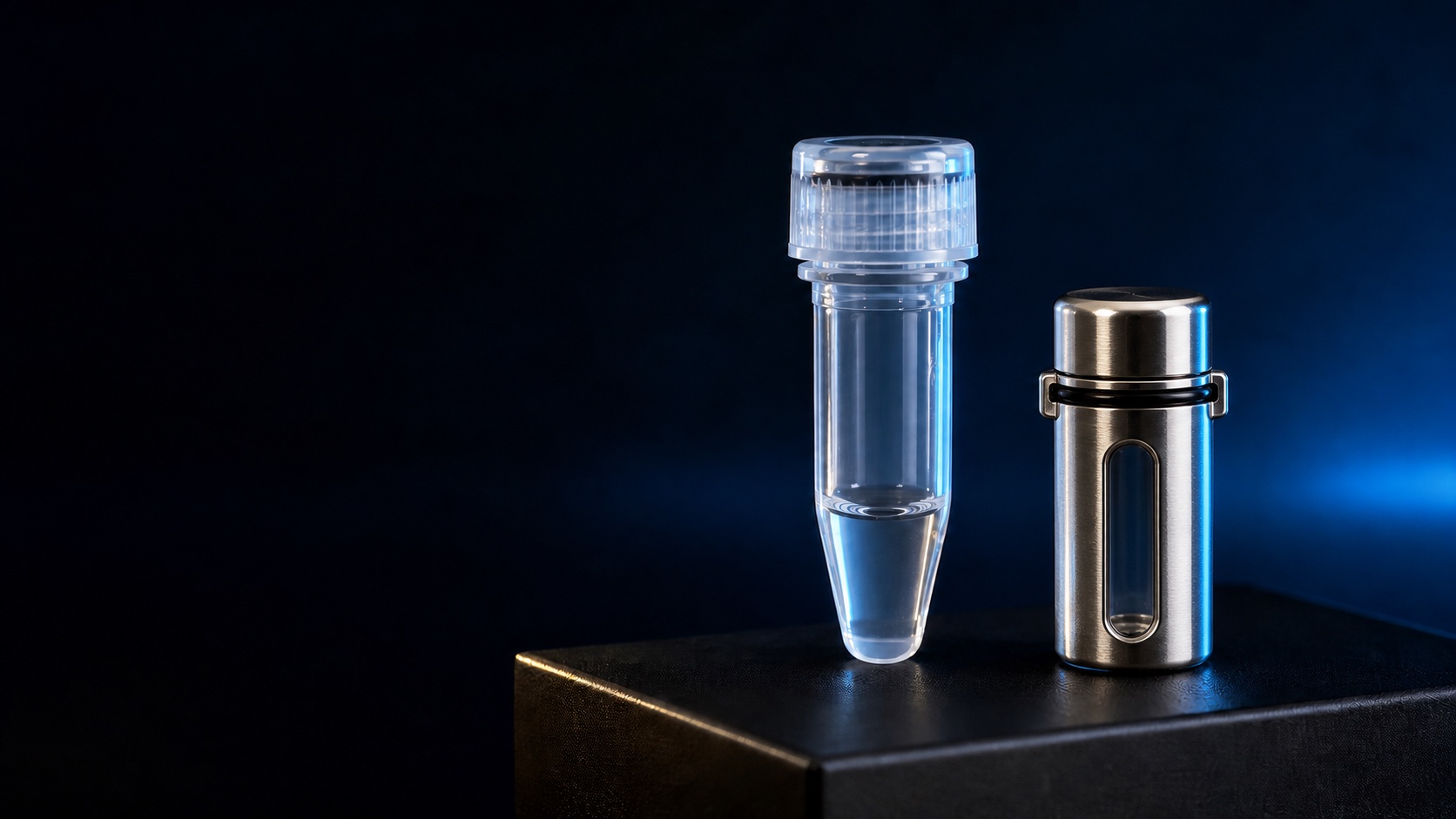 Concept visualization of a DNA solution microvial beside a sealed dry-DNA powder archive sample