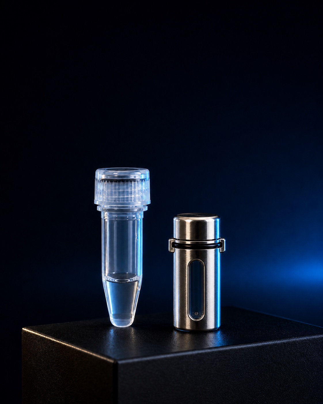 Concept visualization of a DNA solution vial and a sealed dry-DNA powder archive sample